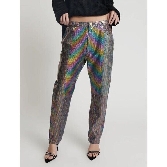Free People RAINBOW SEQUIN BANDITS RELAXED JEANS Size Size 26 - Picture 2 of 9